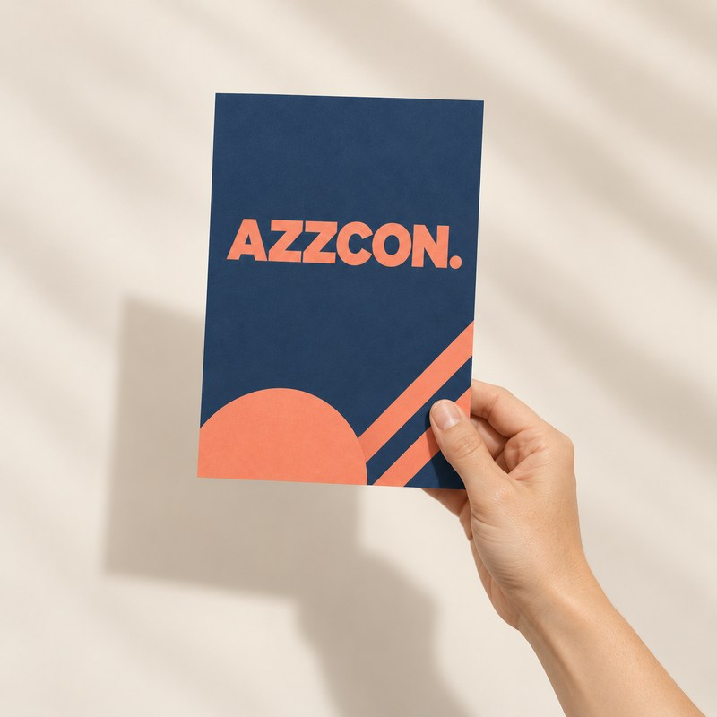 Hand som håller en flyer i format A5, 148 × 210 mm