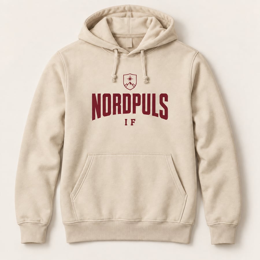 Ljusbeige hoodie med vinrött NORDPULS IF-tryck