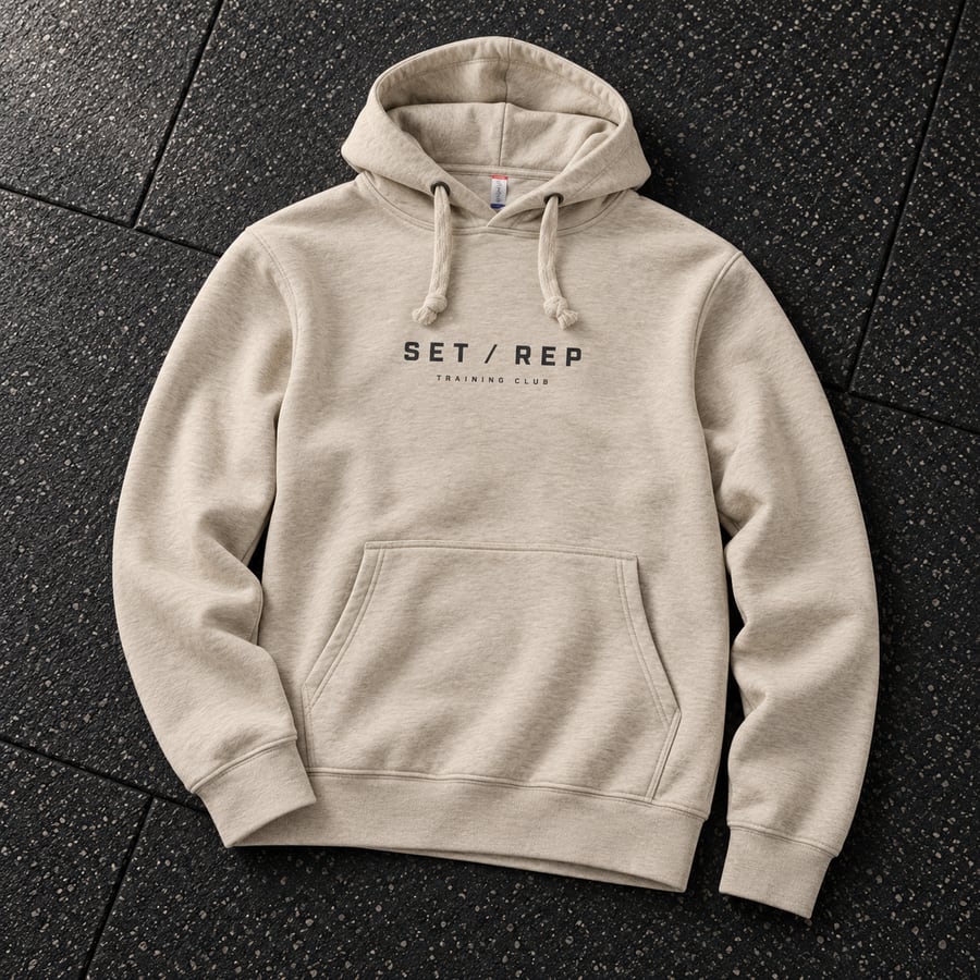 Sandfärgad hoodie med mörkt SET / REP-tryck