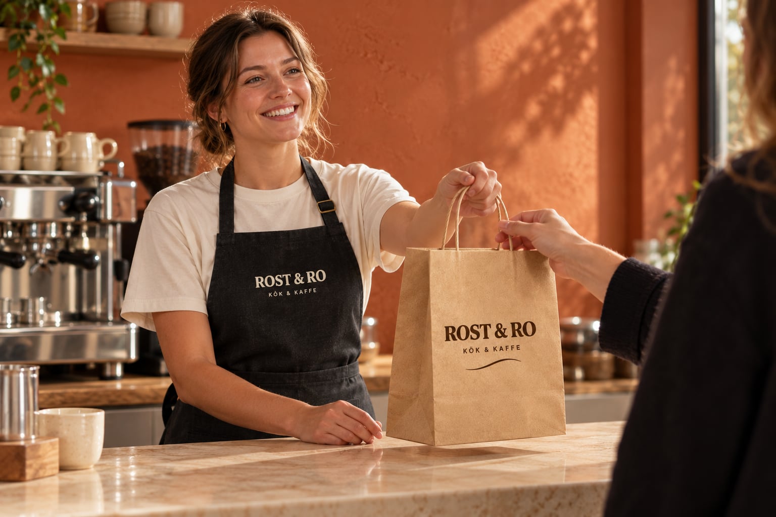 Cafépersonal med ROST & RO-förkläde lämnar över en matchande papperskasse till en gäst, inspirationsbild