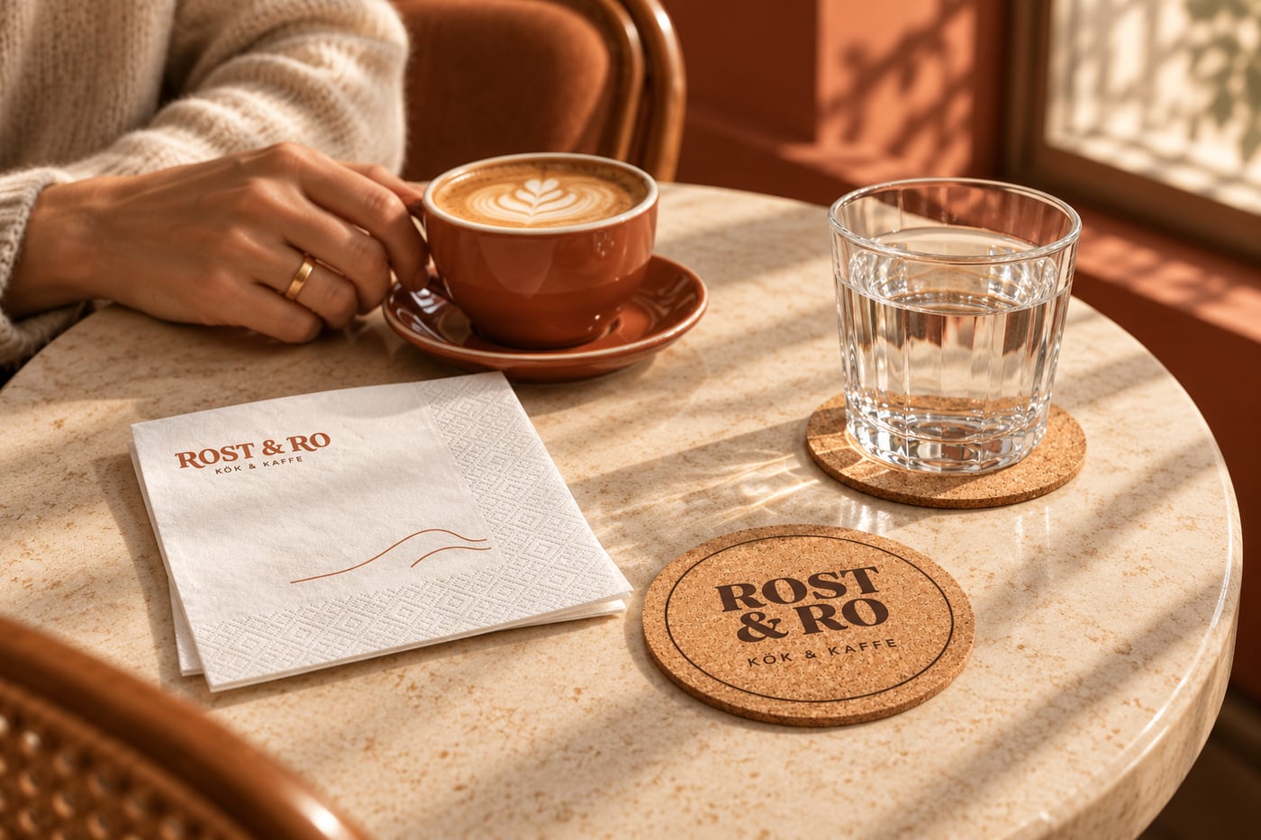 Kaffe, servett och glasunderlägg med den fiktiva ROST & RO-profilen på ett cafébord