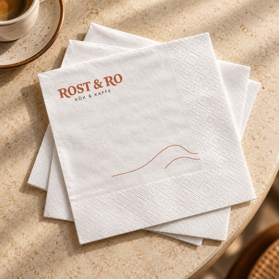 Vita pappersservetter med ROST & RO-profil i terrakotta
