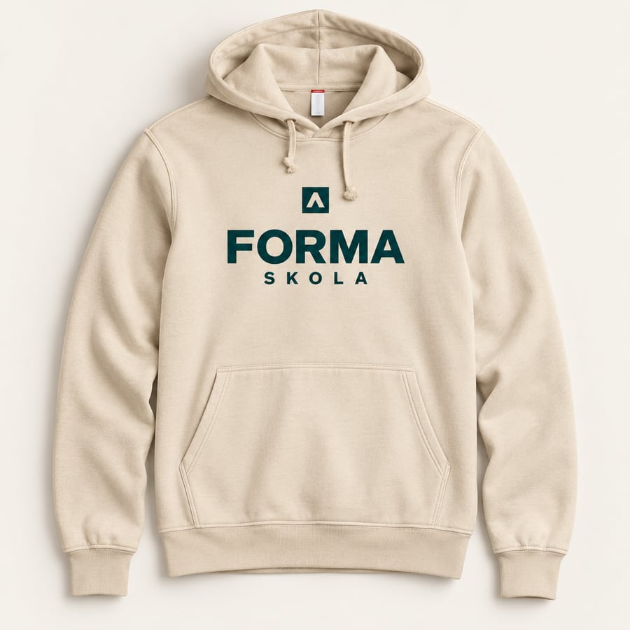 Ljusbeige hoodie med grönt FORMA SKOLA-tryck