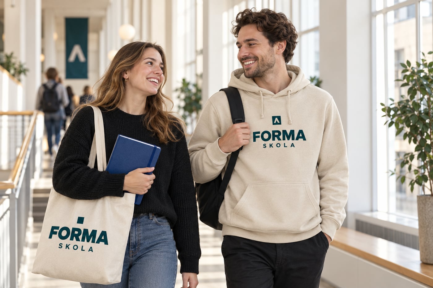 Vuxna kursdeltagare med FORMA SKOLA-hoodie, tygkasse och anteckningsmaterial i en studiemiljö
