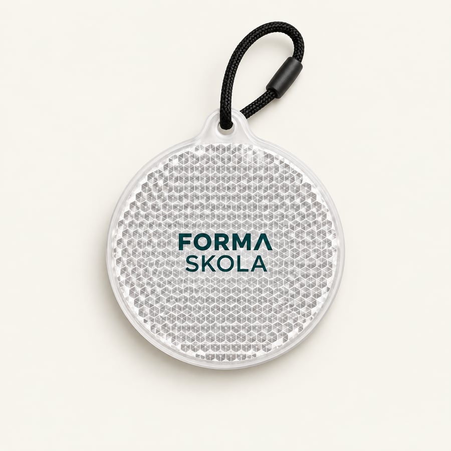 Rund glasklar reflex med ett litet grönt FORMA SKOLA-tryck