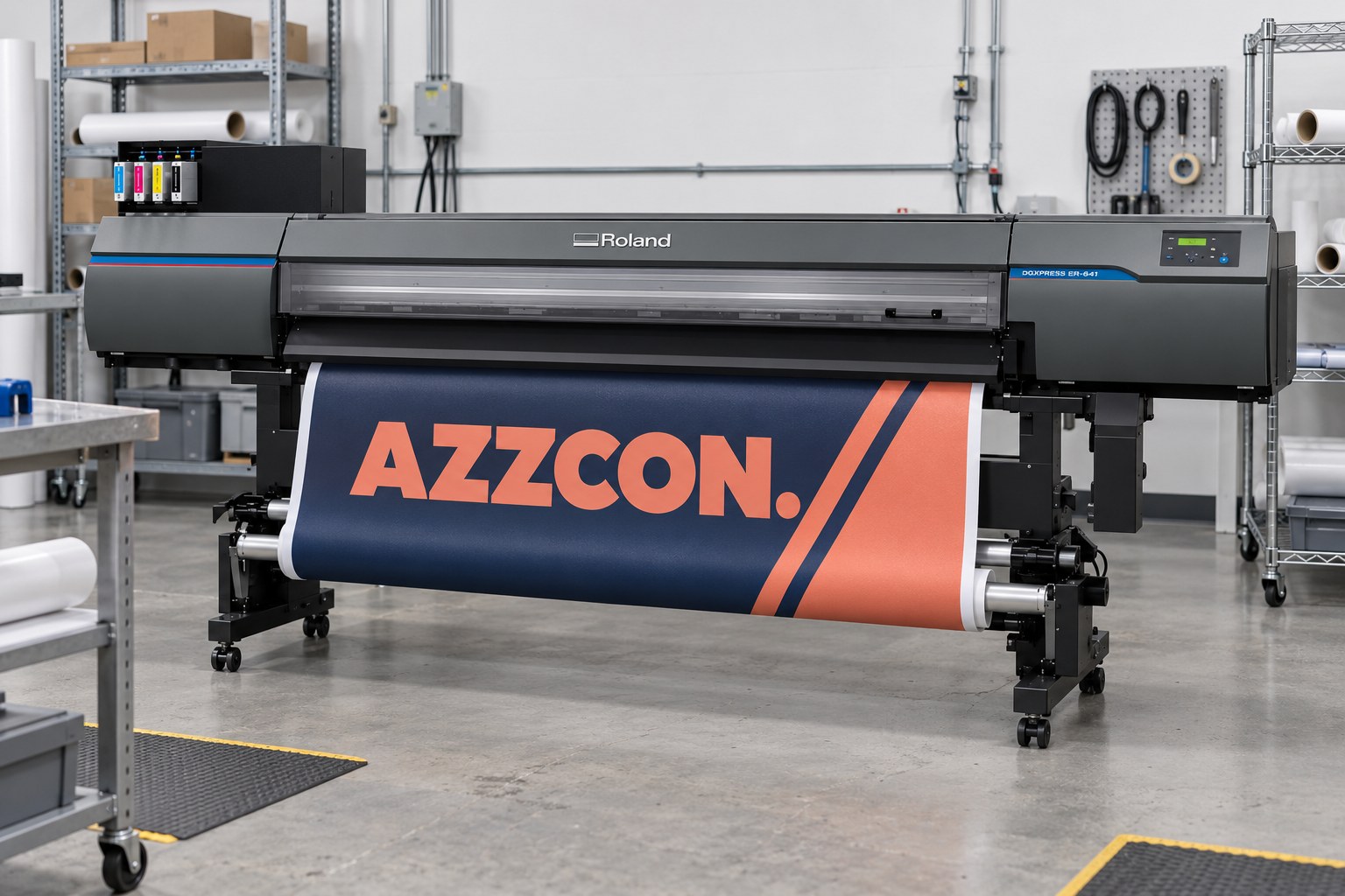 Illustration av en Roland-storformatsprinter med ett tryckt AZZCON-motiv i marin och korall