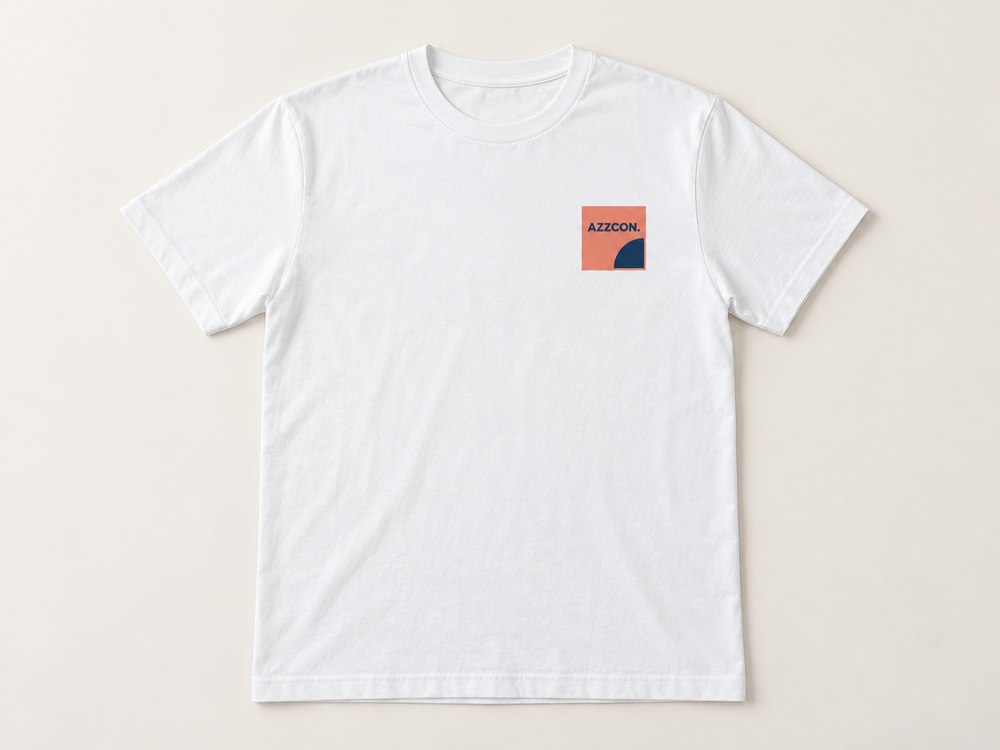 Generisk vit t-shirt med ett litet AZZCON-tryck på bröstet