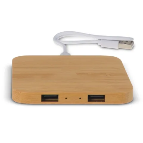 BAMBOO WIRELESS CHARGER WITH 2 USB HUBS 5W
